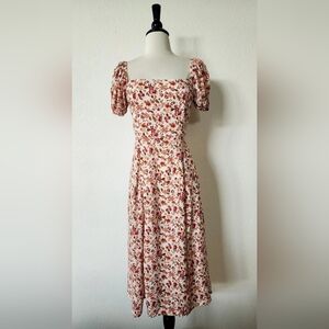 Floral Square-Neck Midi Dress - Cream/Rust